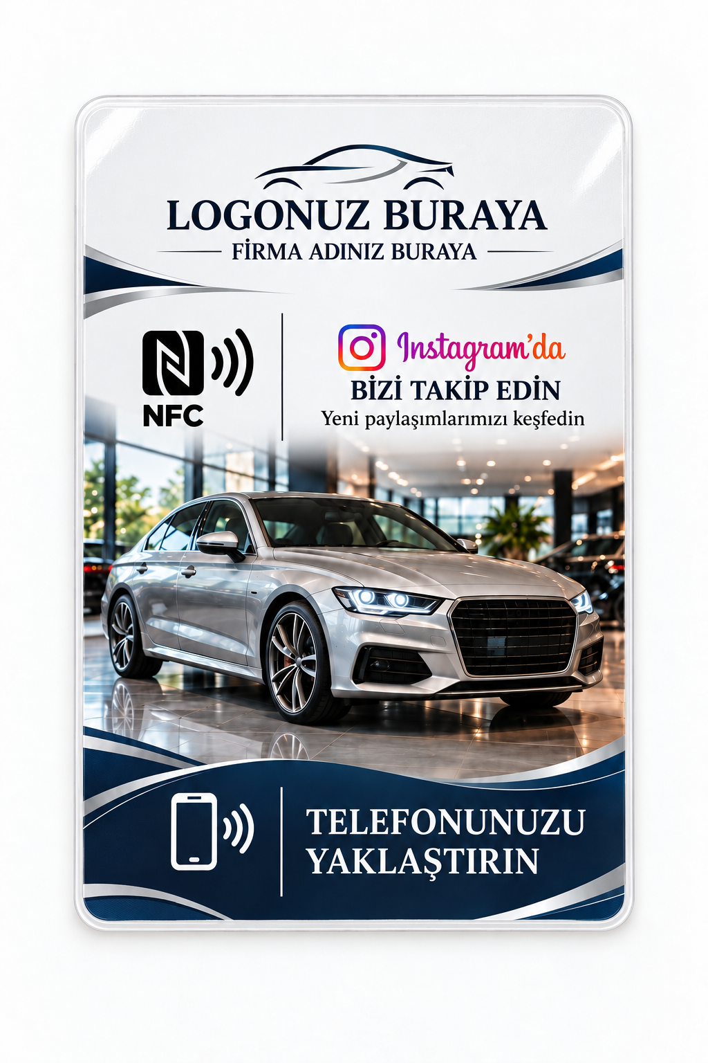 Otomotiv sektörü için beyaz ve lacivert Instagram NFC kartı; logo ve firma adı kişiselleştirme alanları